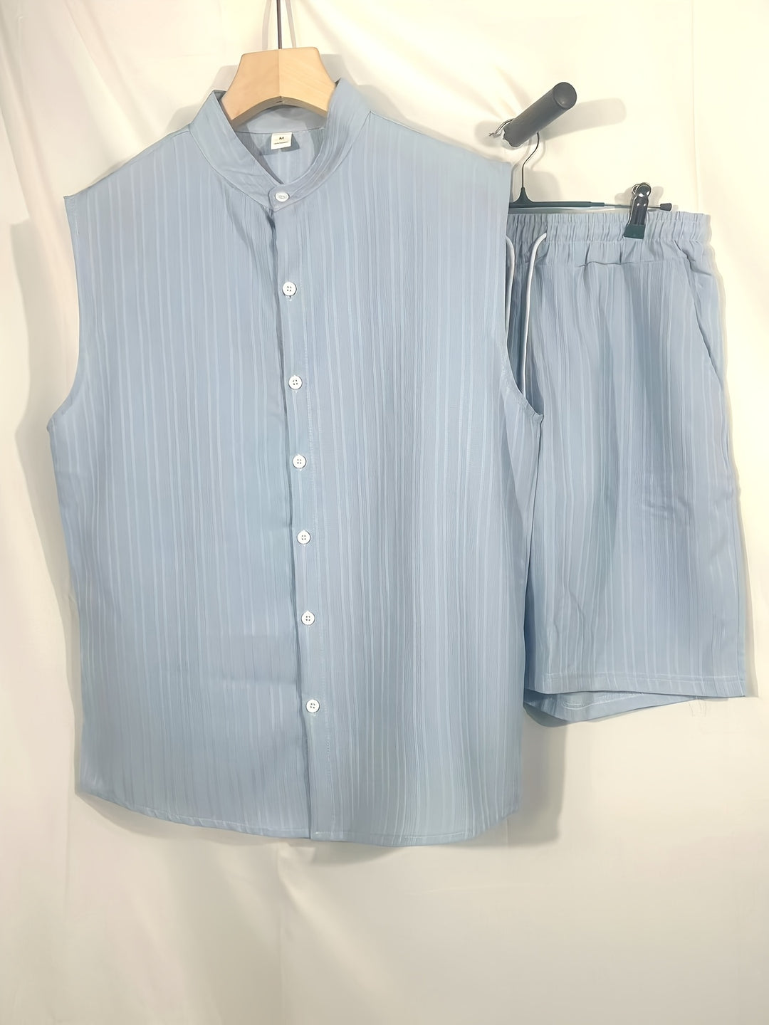 Sleeveless Pleated Button Shirt and Shorts Set