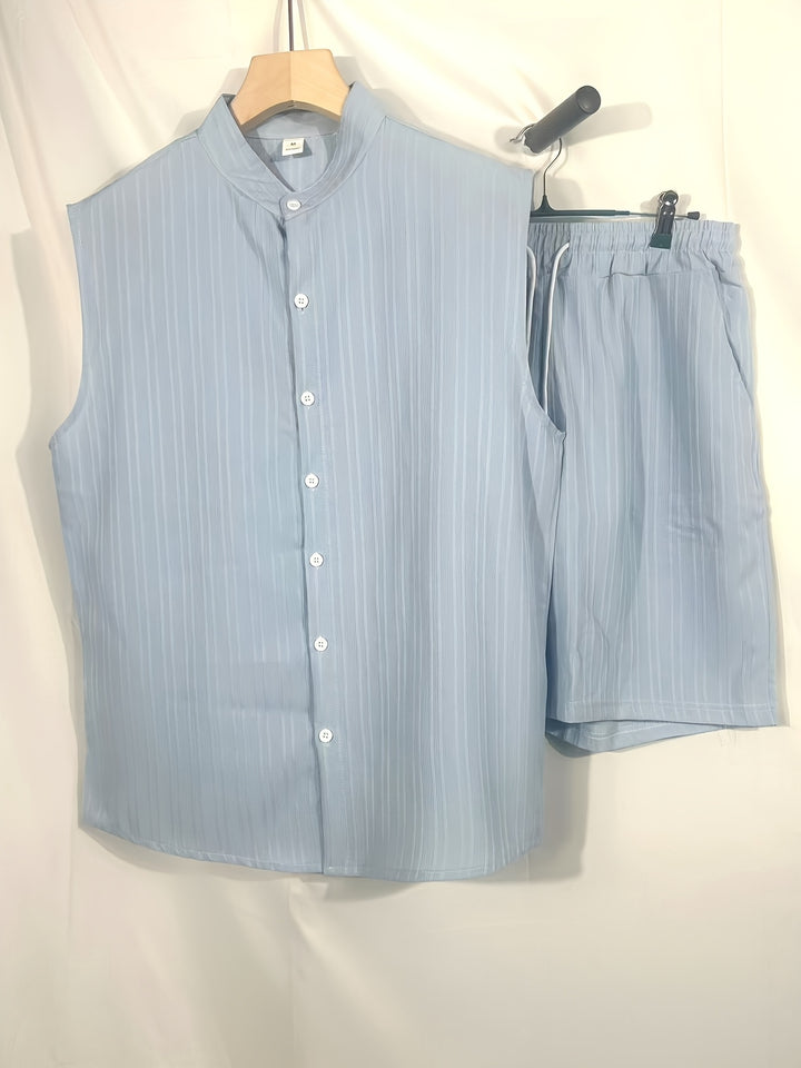 Sleeveless Pleated Button Shirt and Shorts Set