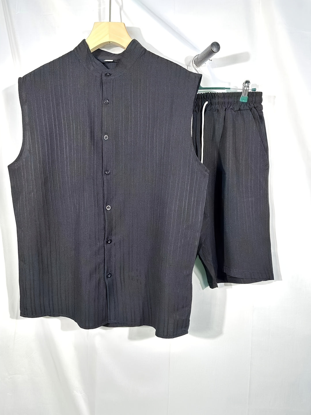 Sleeveless Pleated Button Shirt and Shorts Set