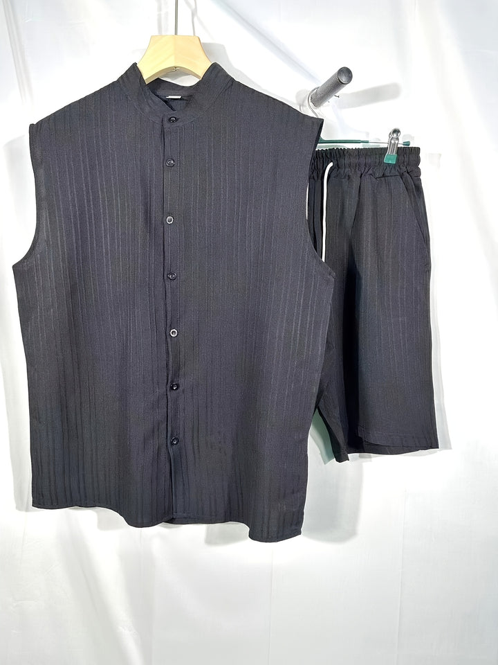 Sleeveless Pleated Button Shirt and Shorts Set