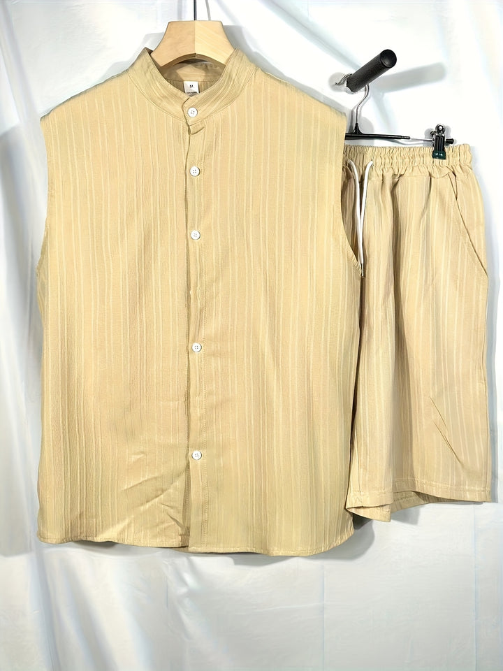 Sleeveless Pleated Button Shirt and Shorts Set