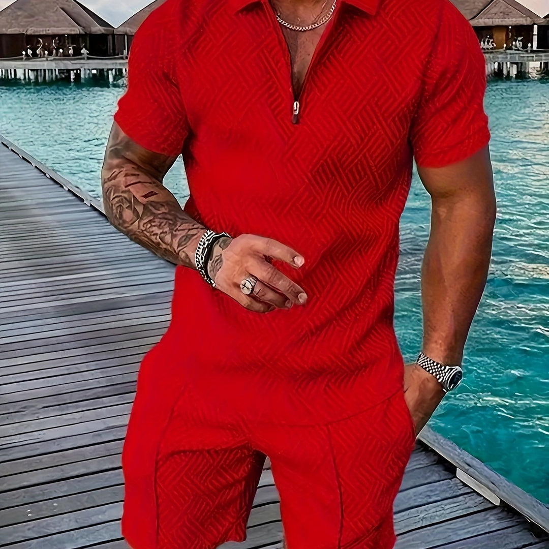 Textured Zip Polo Shirt and Shorts Set