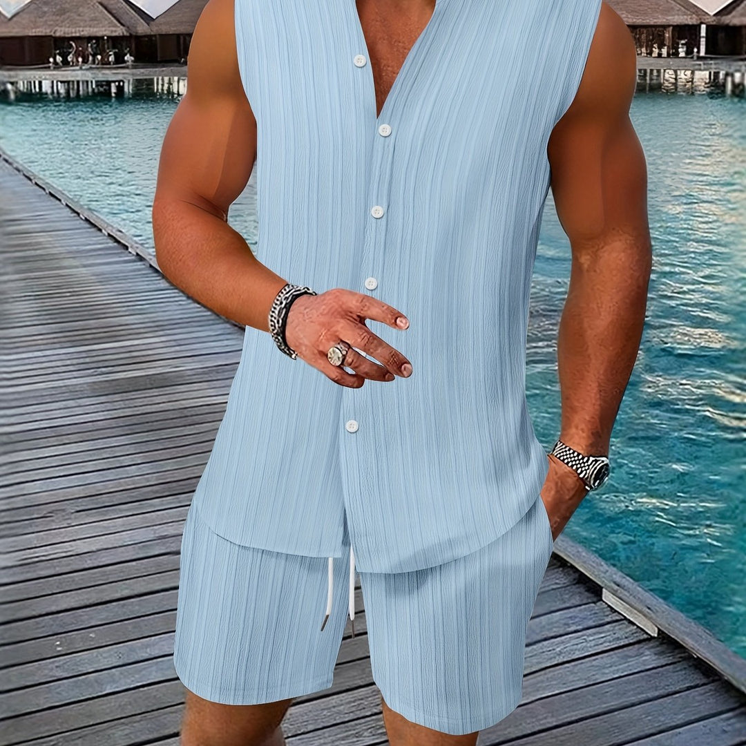 Sleeveless Pleated Button Shirt and Shorts Set