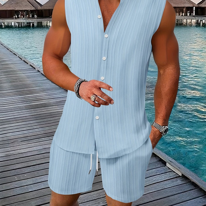 Sleeveless Pleated Button Shirt and Shorts Set