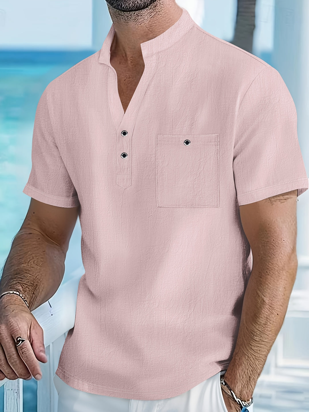 Textured Short Sleeve Henley Shirt