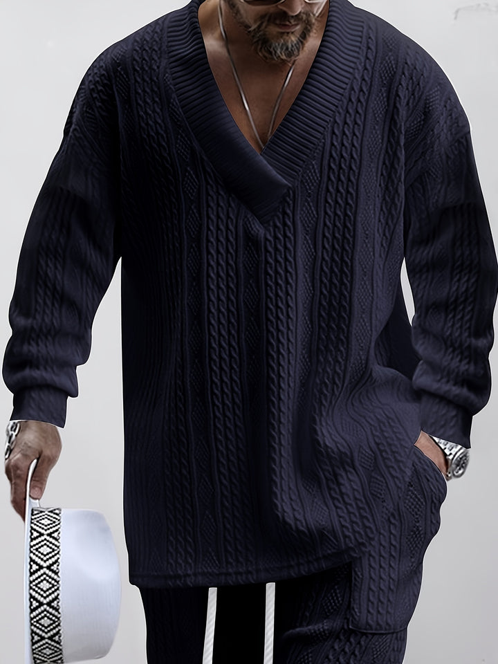 Cable Knit V-Neck Sweater and Trousers Set