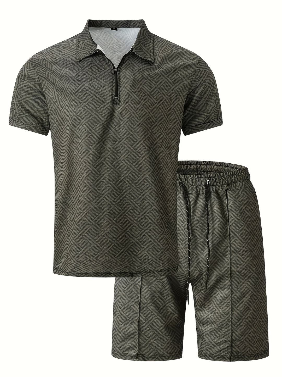 Textured Zip Polo Shirt and Shorts Set