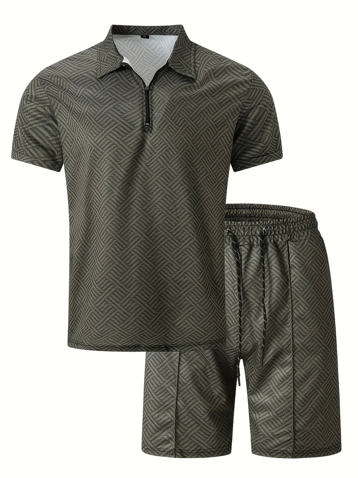 Textured Zip Polo Shirt and Shorts Set