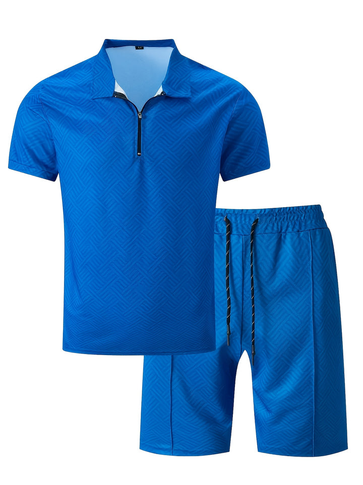 Textured Zip Polo Shirt and Shorts Set