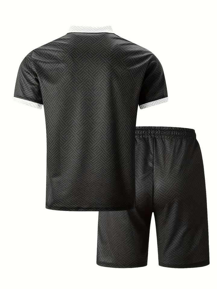 Textured Zip Polo Shirt and Shorts Set