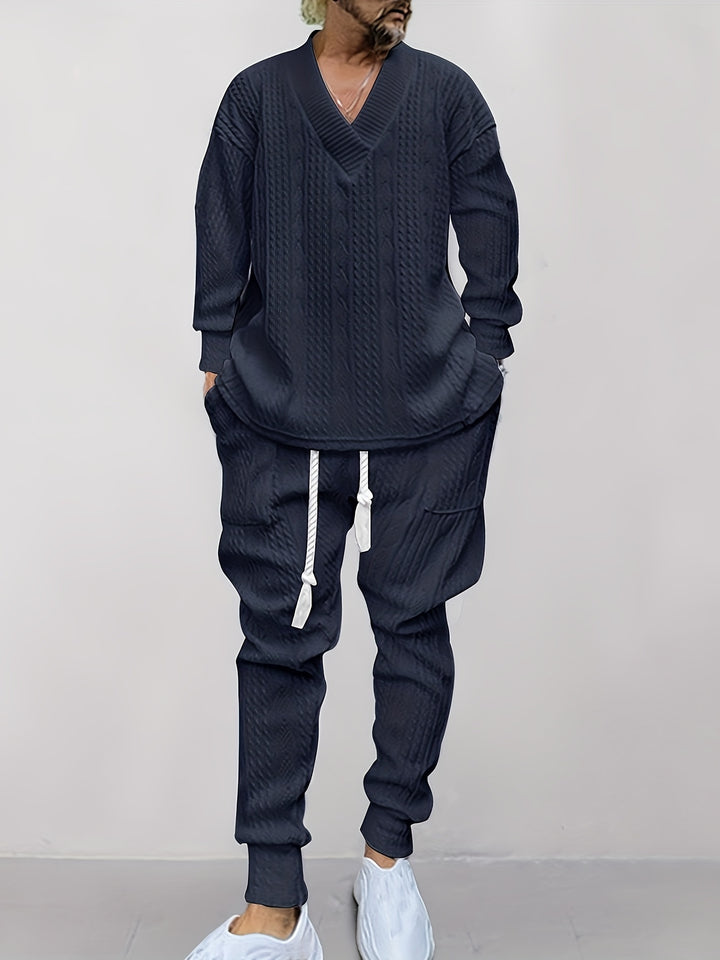 Cable Knit V-Neck Sweater and Trousers Set