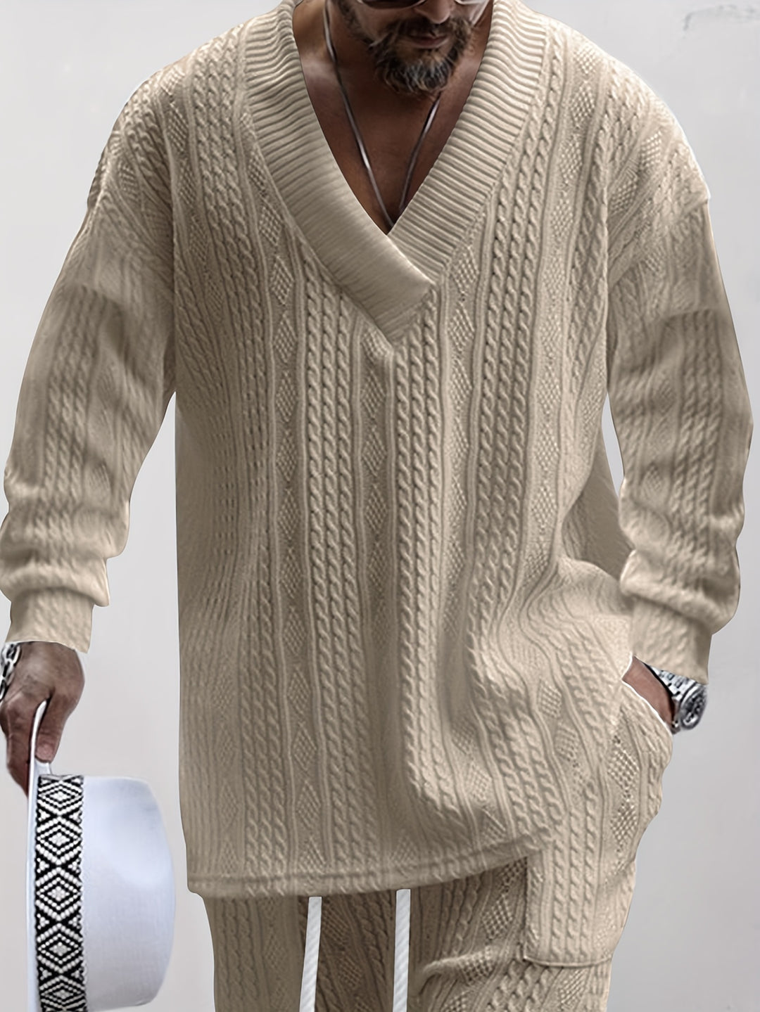 Cable Knit V-Neck Sweater and Trousers Set