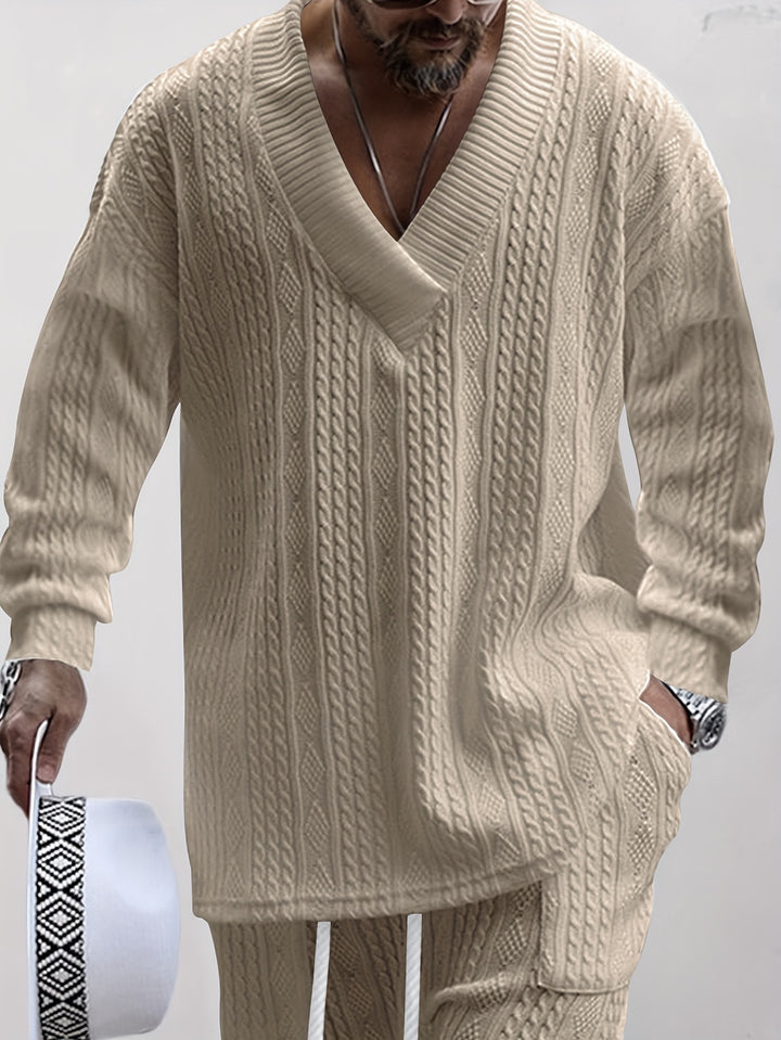 Cable Knit V-Neck Sweater and Trousers Set