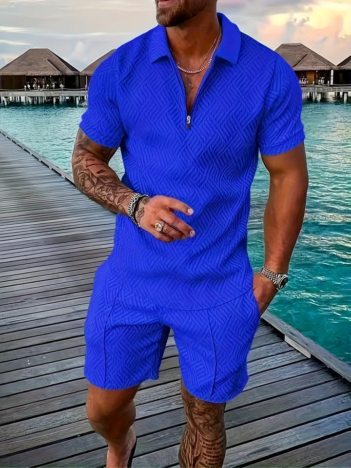 Textured Zip Polo Shirt and Shorts Set