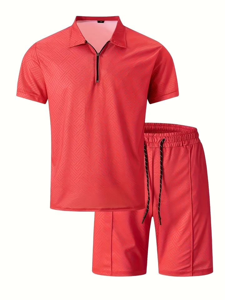 Textured Zip Polo Shirt and Shorts Set
