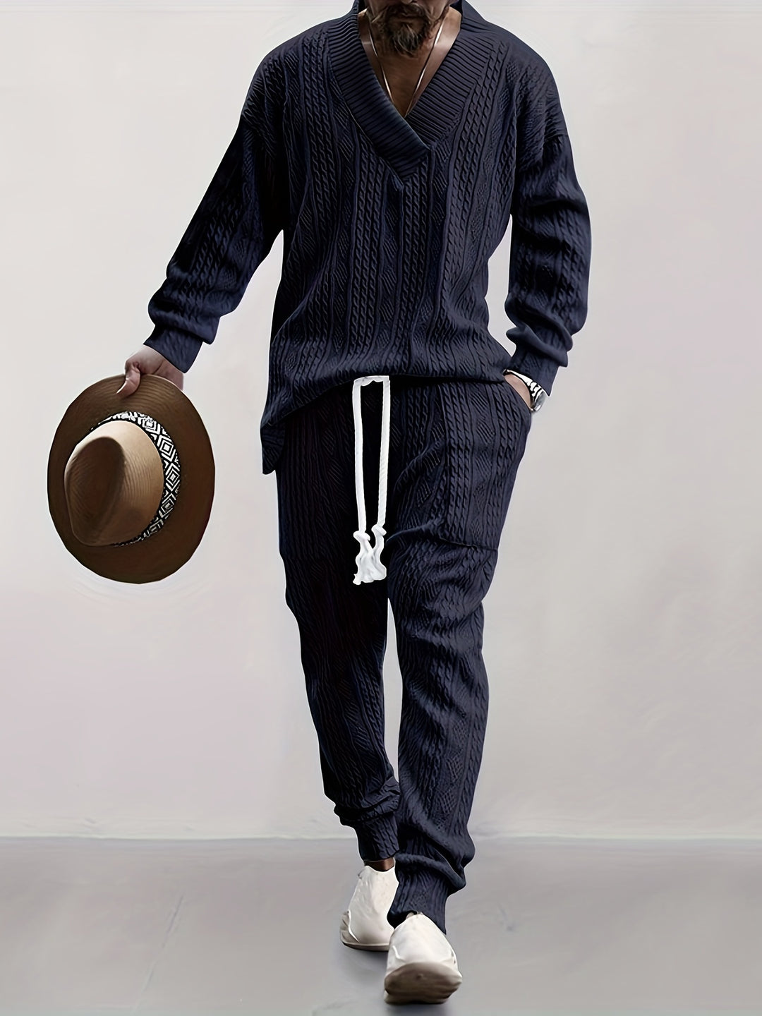 Cable Knit V-Neck Sweater and Trousers Set