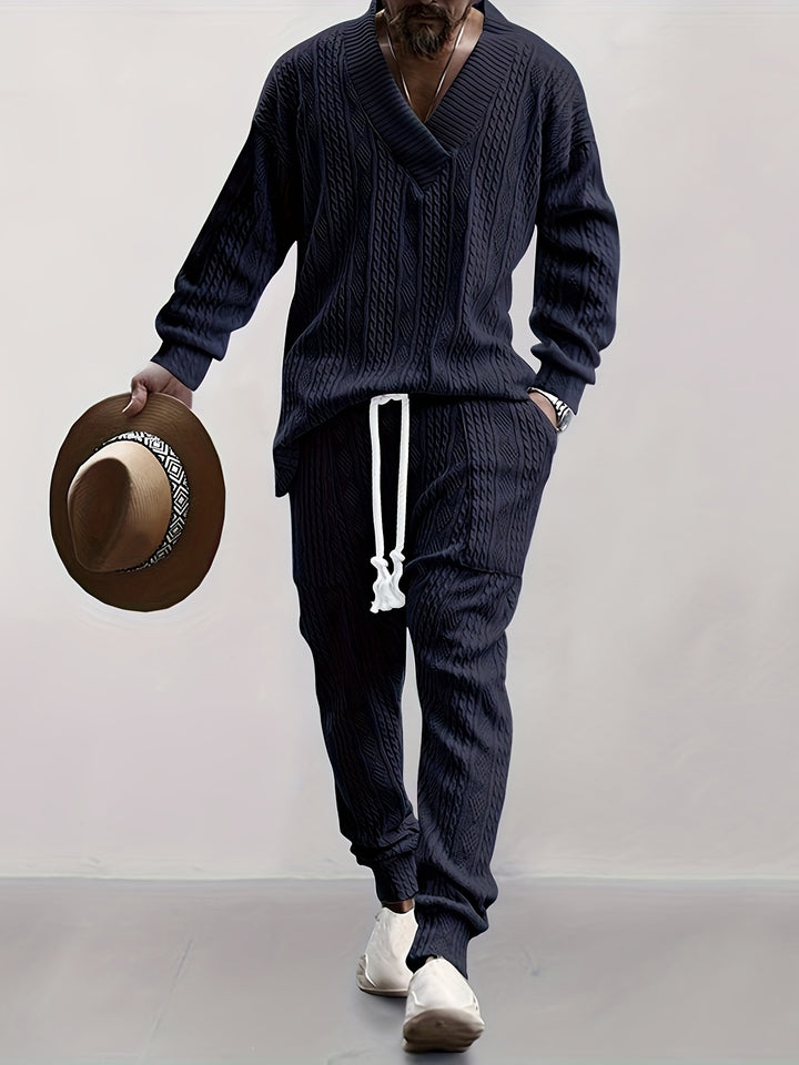 Cable Knit V-Neck Sweater and Trousers Set