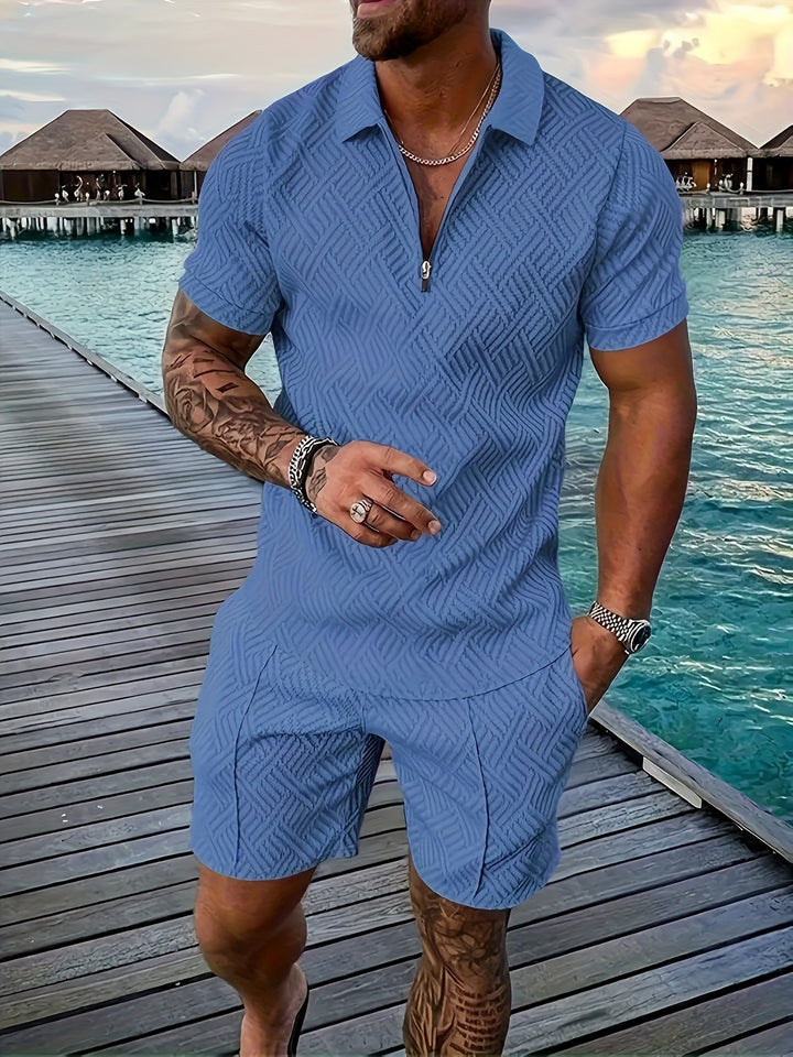 Textured Zip Polo Shirt and Shorts Set