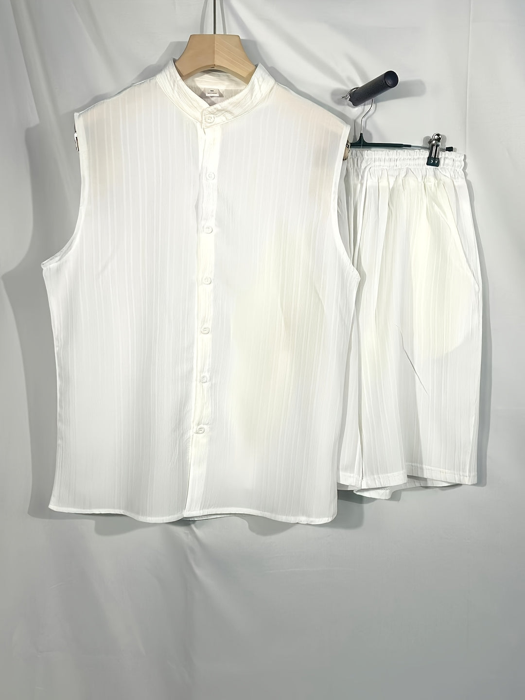 Sleeveless Pleated Button Shirt and Shorts Set