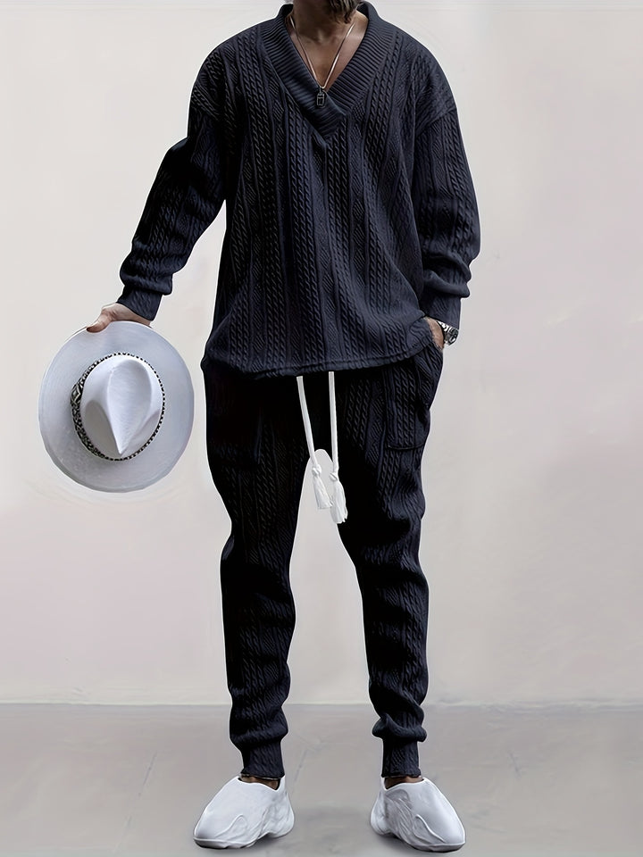 Cable Knit V-Neck Sweater and Trousers Set
