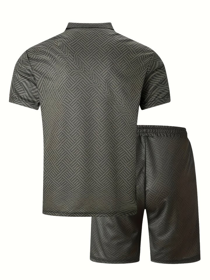 Textured Zip Polo Shirt and Shorts Set