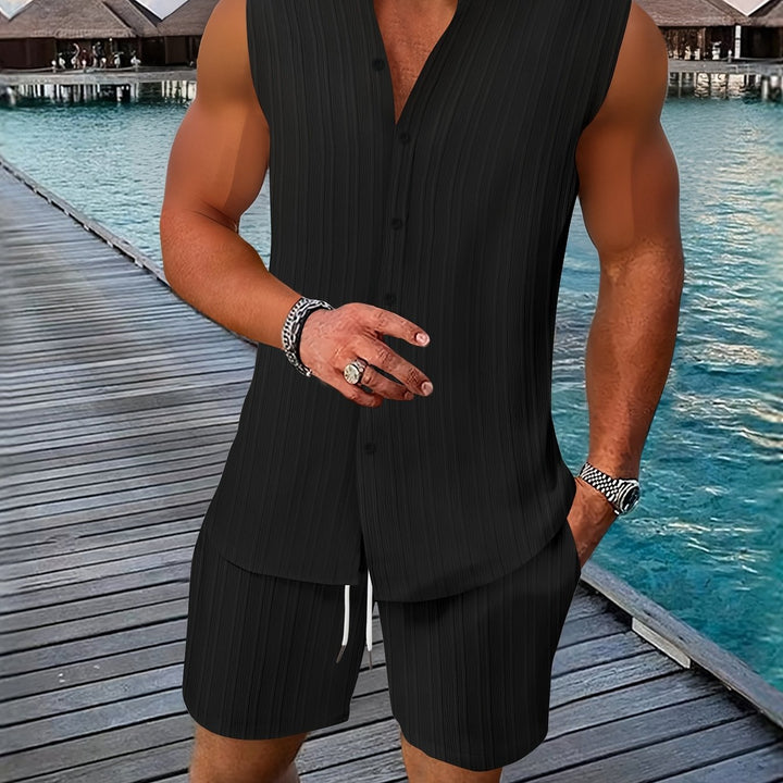 Sleeveless Pleated Button Shirt and Shorts Set
