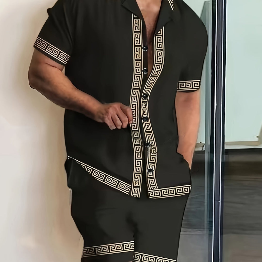 Geometric Trim Short Sleeve Shirt and Shorts Set