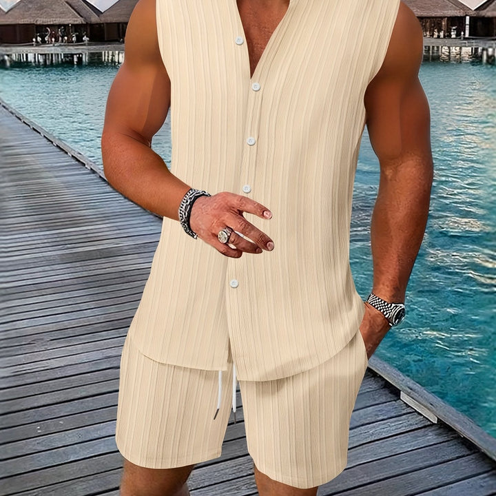 Sleeveless Pleated Button Shirt and Shorts Set
