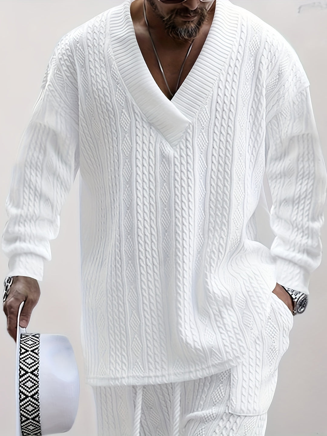 Cable Knit V-Neck Sweater and Trousers Set