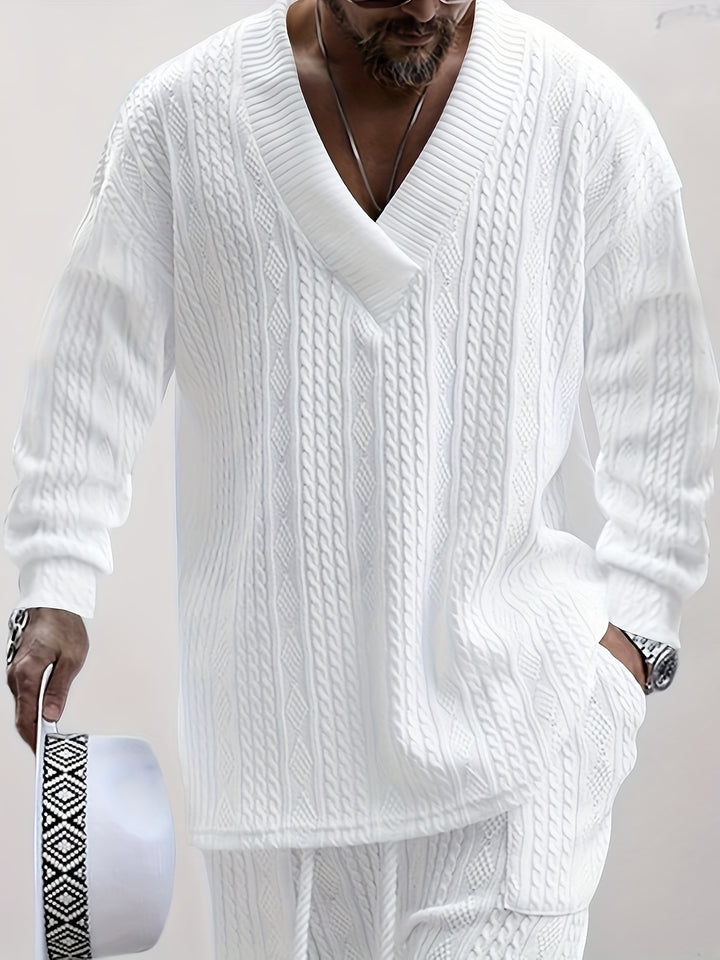 Cable Knit V-Neck Sweater and Trousers Set