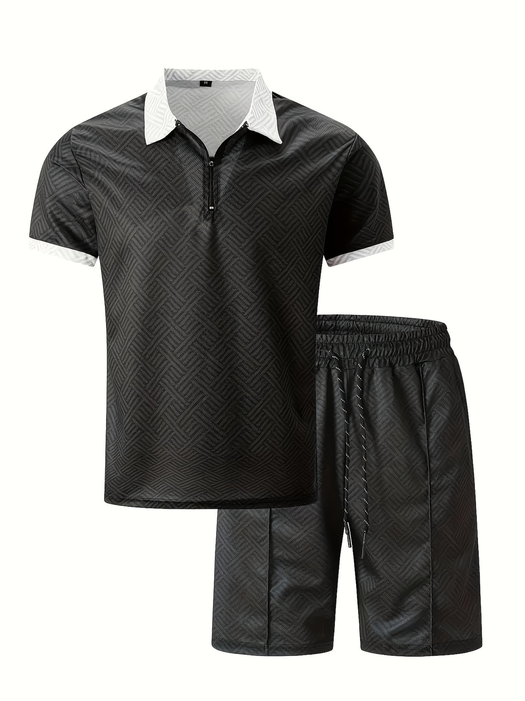 Textured Zip Polo Shirt and Shorts Set