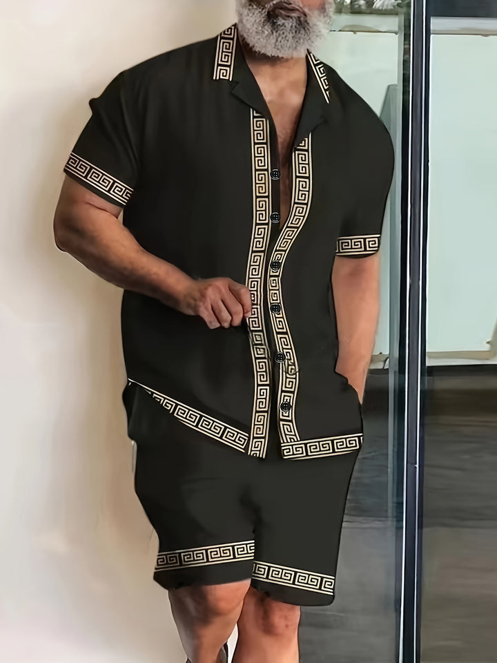 Geometric Trim Short Sleeve Shirt and Shorts Set