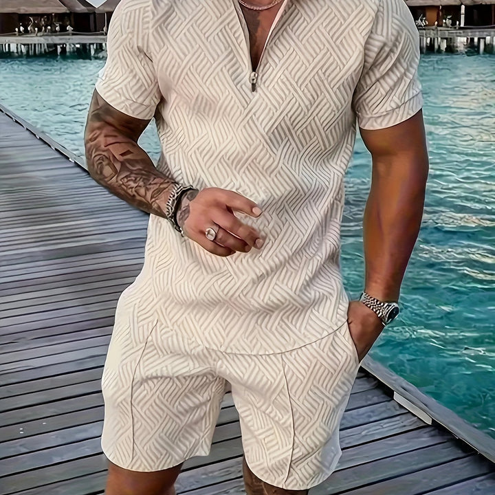 Textured Zip Polo Shirt and Shorts Set