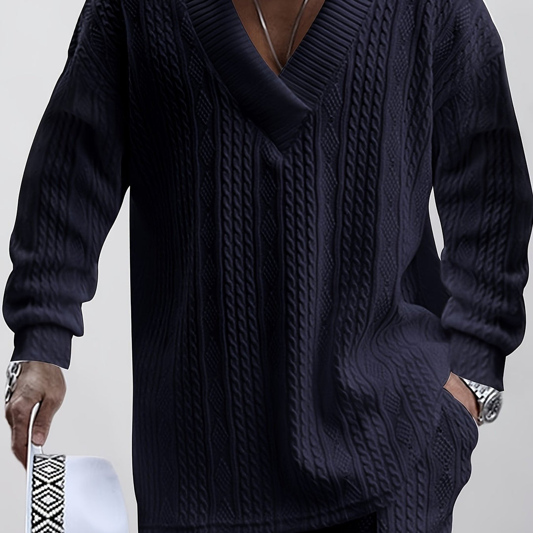Cable Knit V-Neck Sweater and Trousers Set