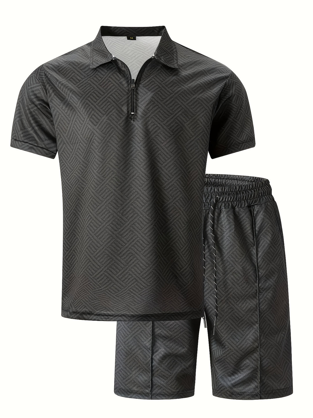 Textured Zip Polo Shirt and Shorts Set