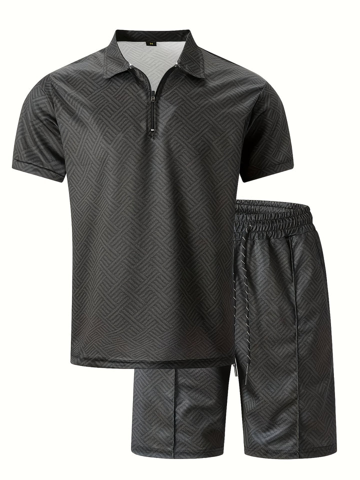 Textured Zip Polo Shirt and Shorts Set