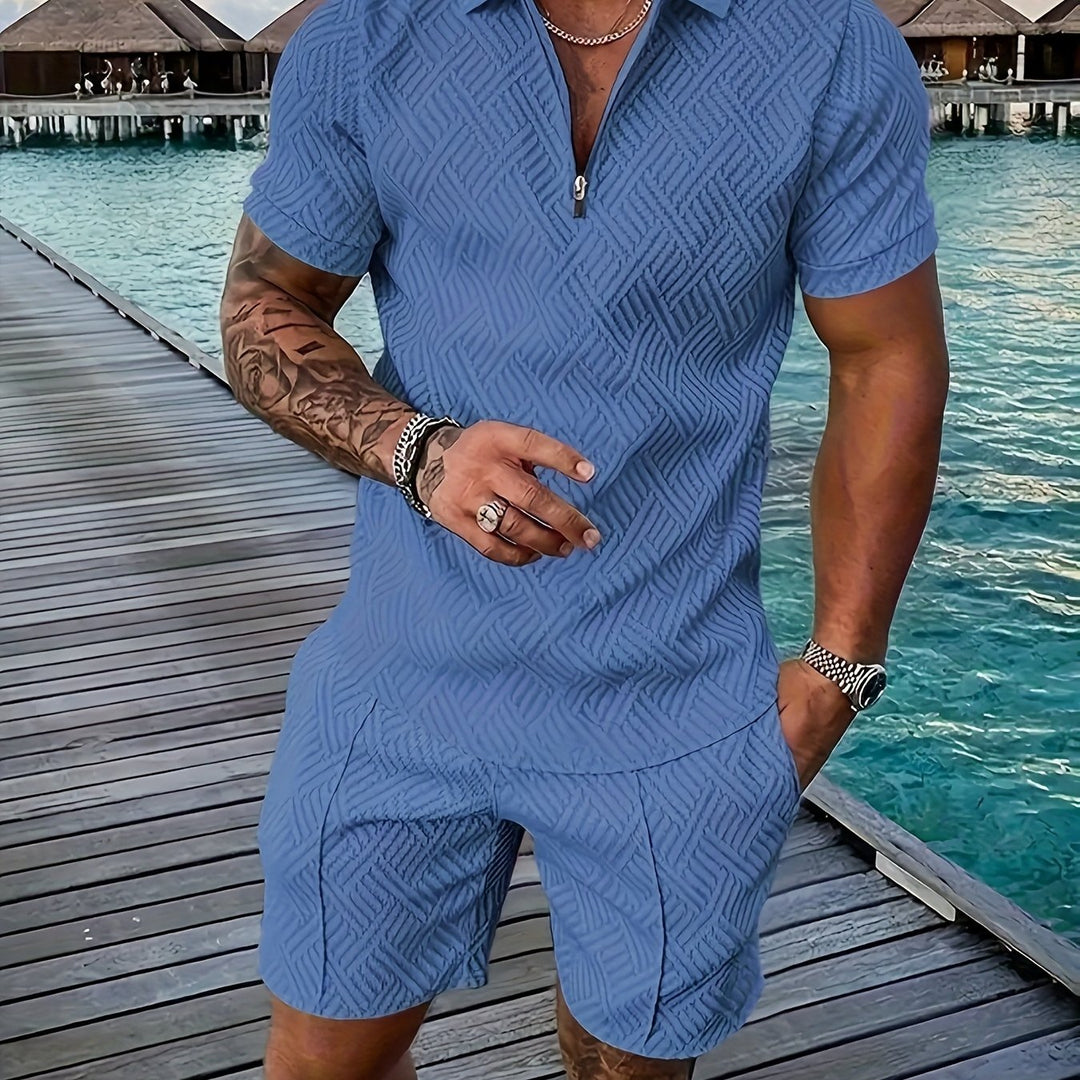Textured Zip Polo Shirt and Shorts Set
