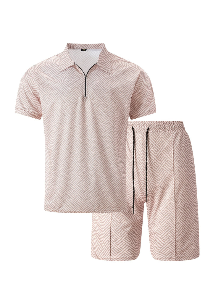 Textured Zip Polo Shirt and Shorts Set