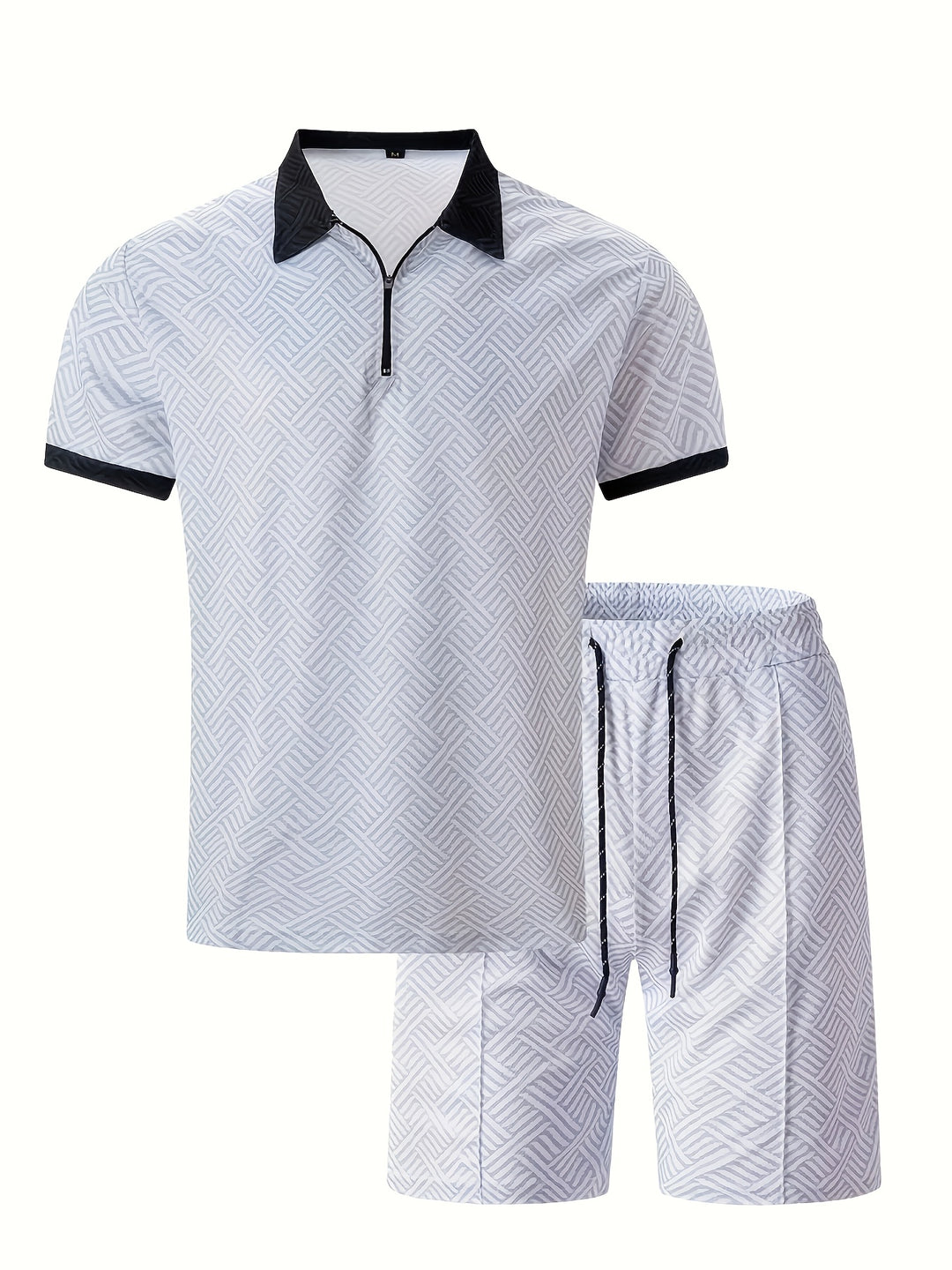 Textured Zip Polo Shirt and Shorts Set
