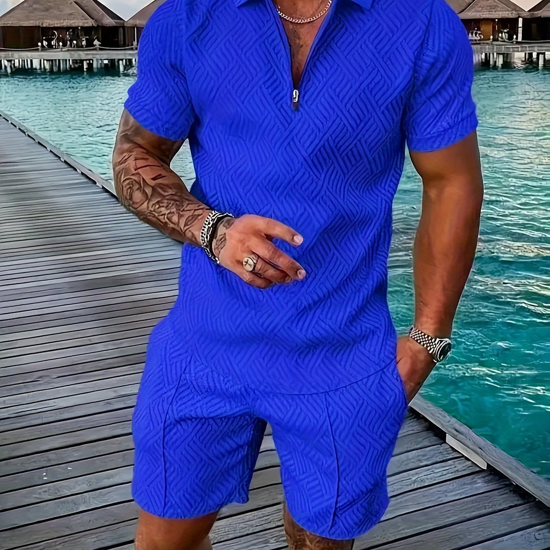 Textured Zip Polo Shirt and Shorts Set