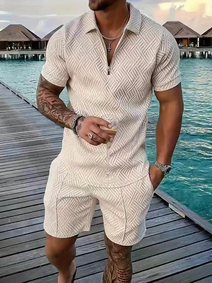 Textured Zip Polo Shirt and Shorts Set