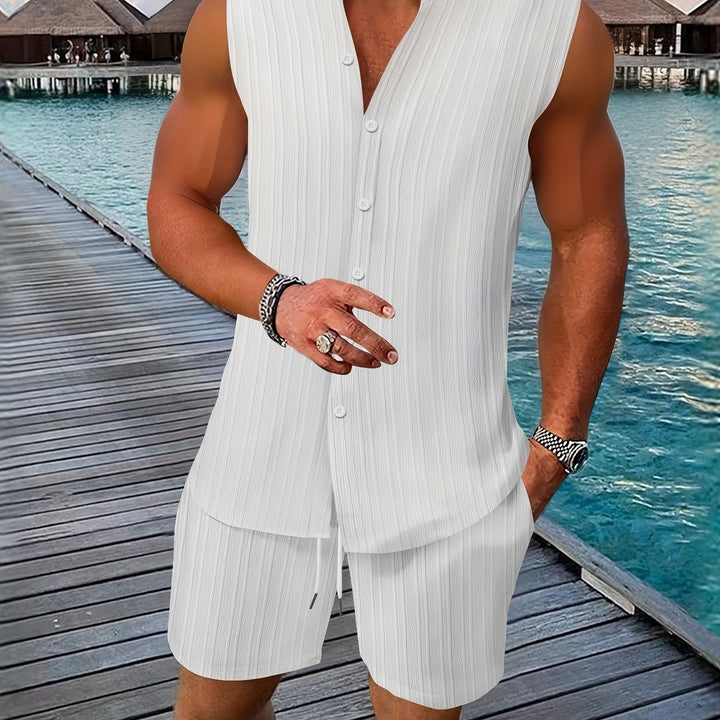 Sleeveless Pleated Button Shirt and Shorts Set