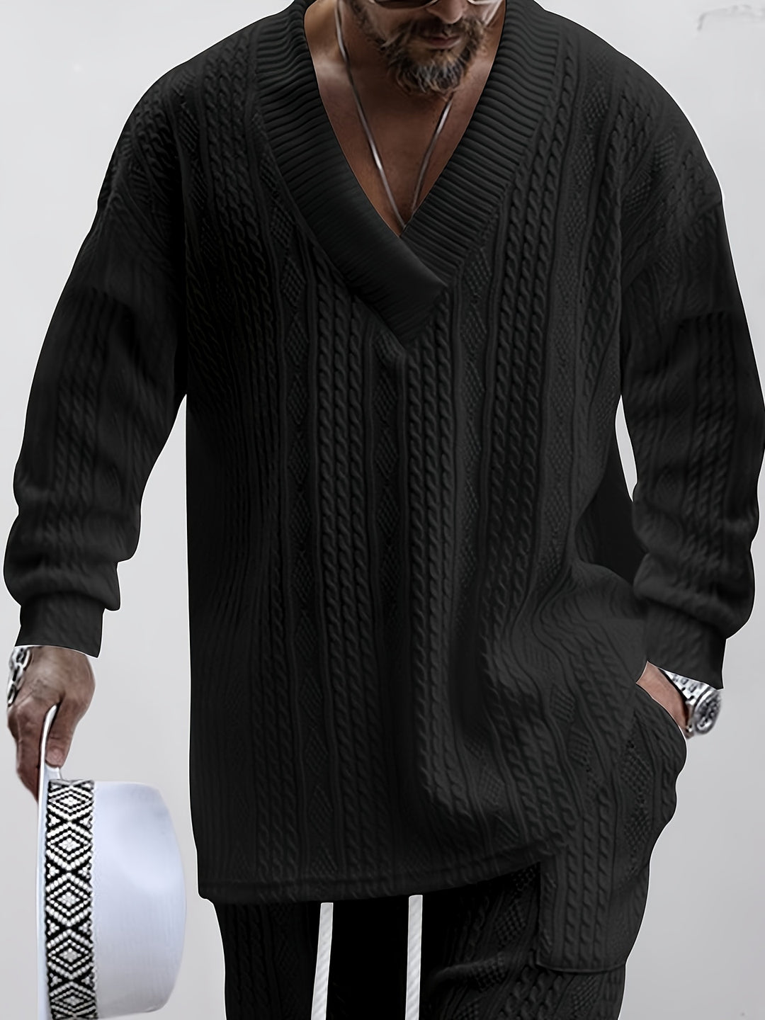 Cable Knit V-Neck Sweater and Trousers Set
